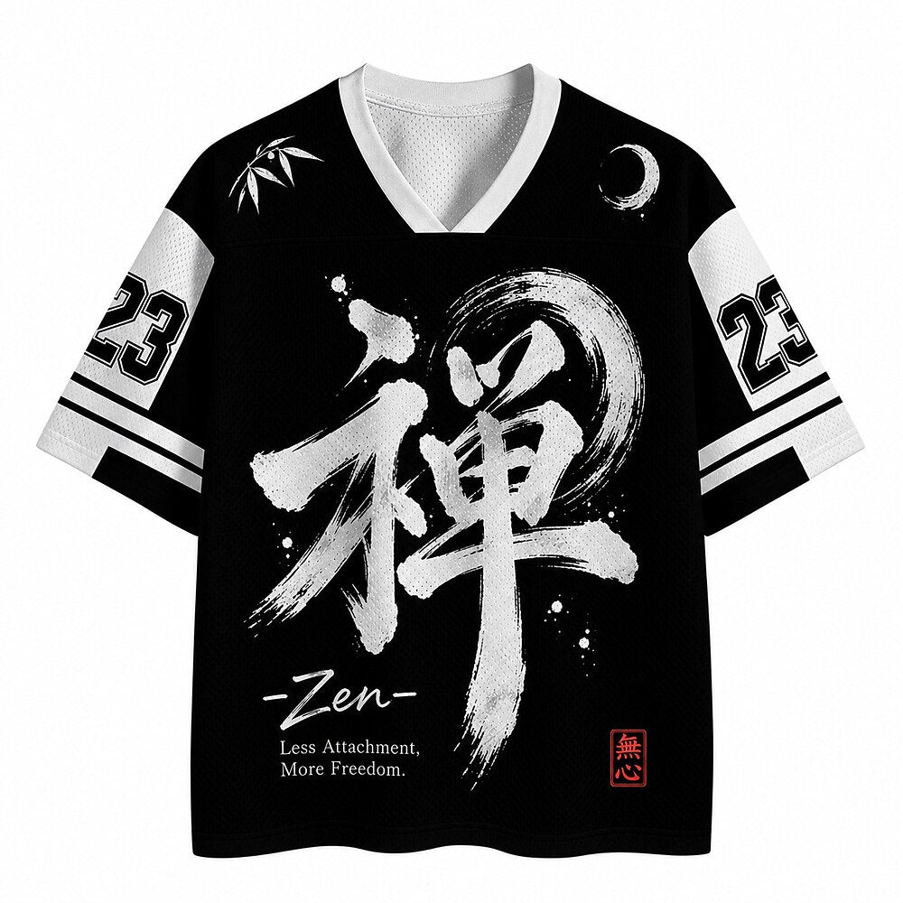 Zen Japanese Calligraphy V-Neck Mesh Jersey