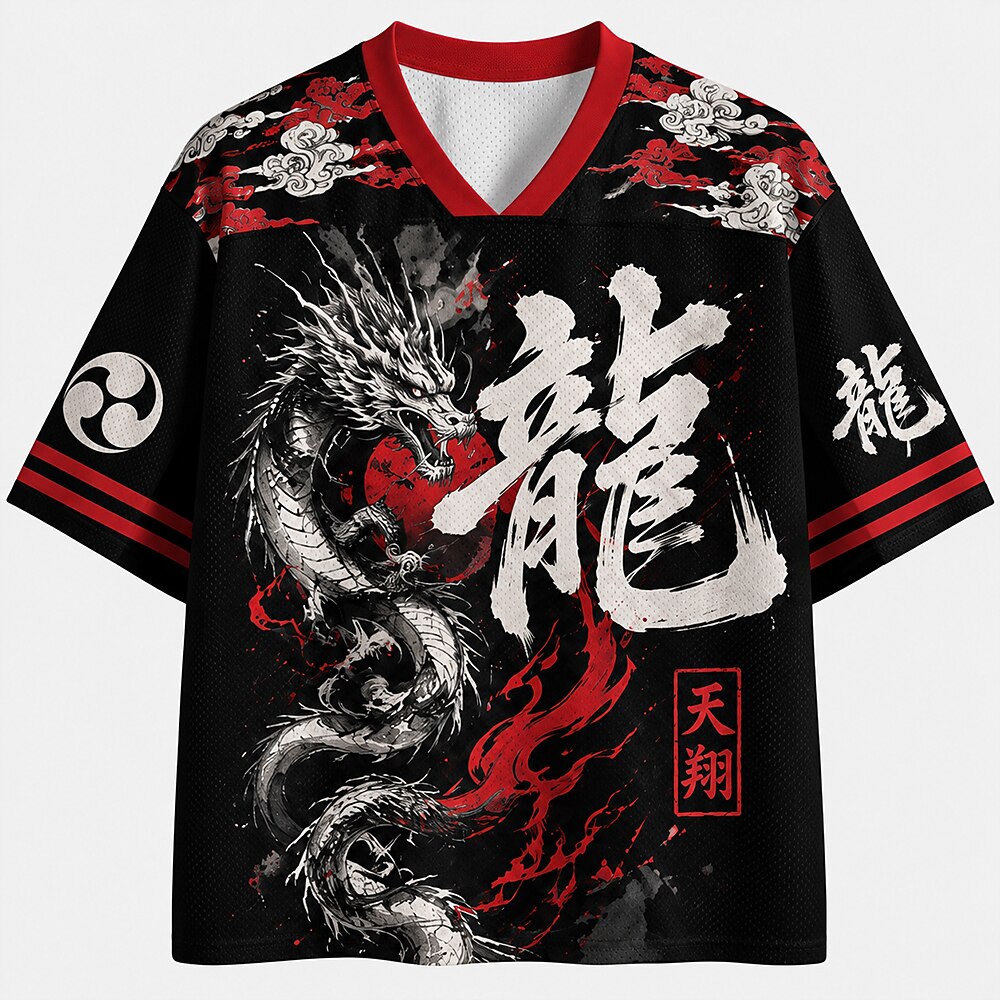 Men's Dragon Kanji Graphic V-Neck Sports Jersey