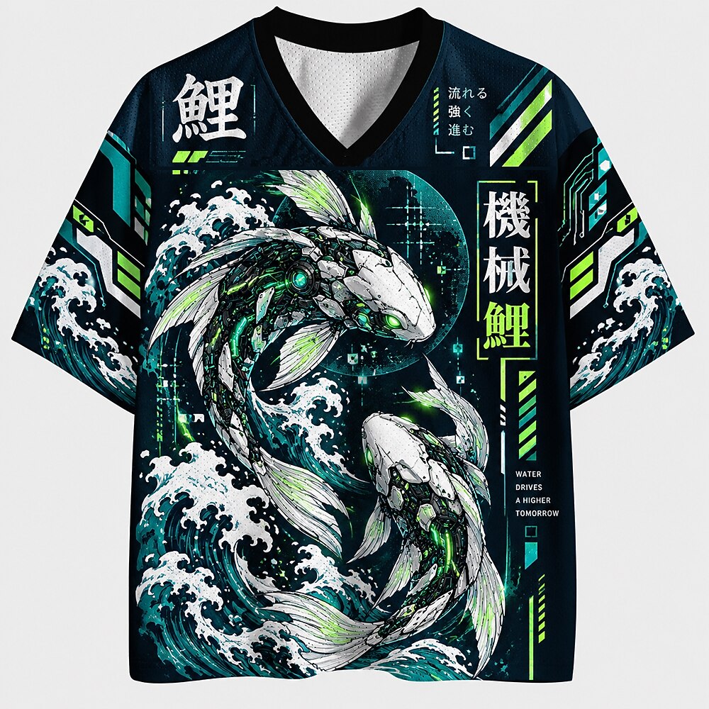 Men's Fish Kanji Graphic V-Neck Sports Jersey