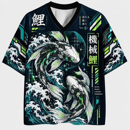 Men's Fish Kanji Graphic V-Neck Sports Jersey
