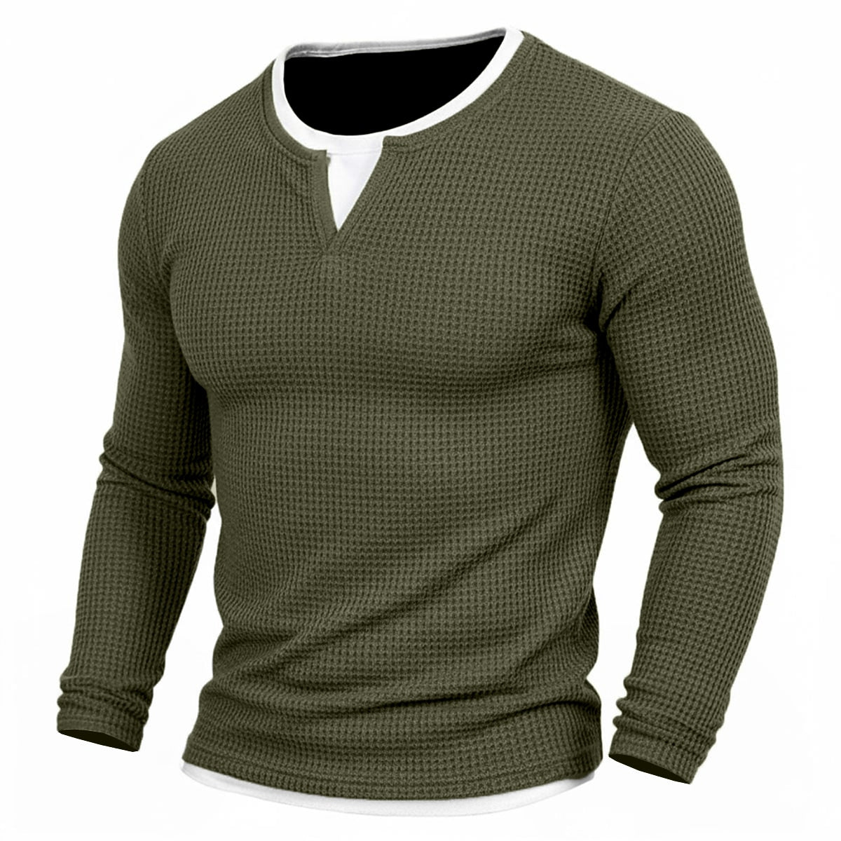 Contrast Inset Waffle Henley Long Sleeve T-Shirt