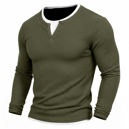 Contrast Inset Waffle Henley Long Sleeve T-Shirt