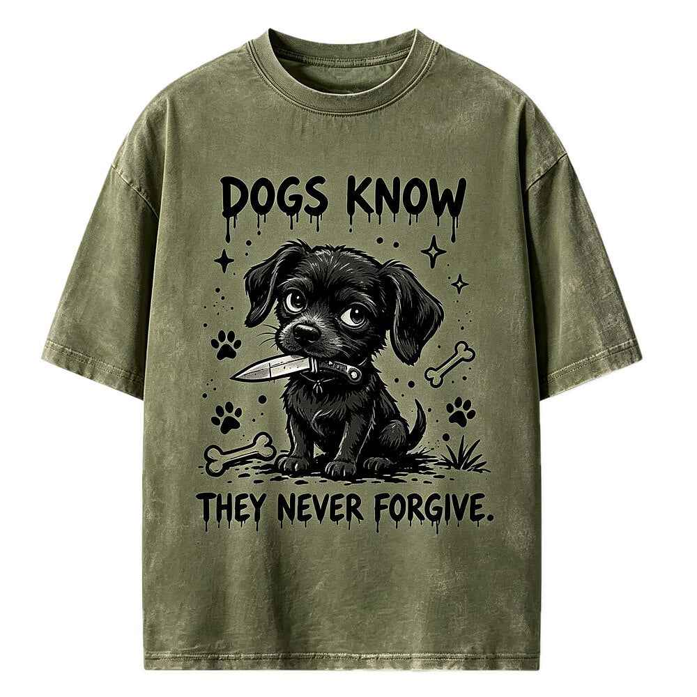 Dogs Never Forgive Knife Dog Washed T-Shirt