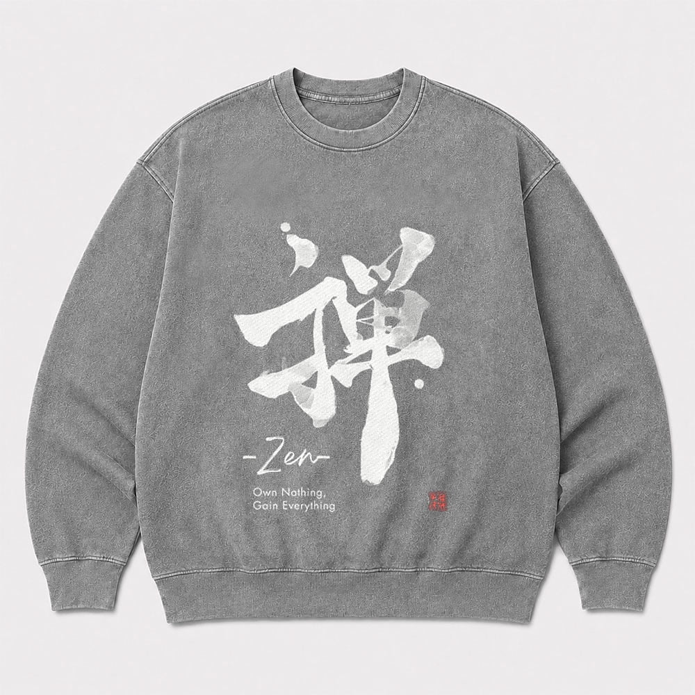 Men's Zen Own Nothing Graphic Washed Crew Neck Sweatshirt