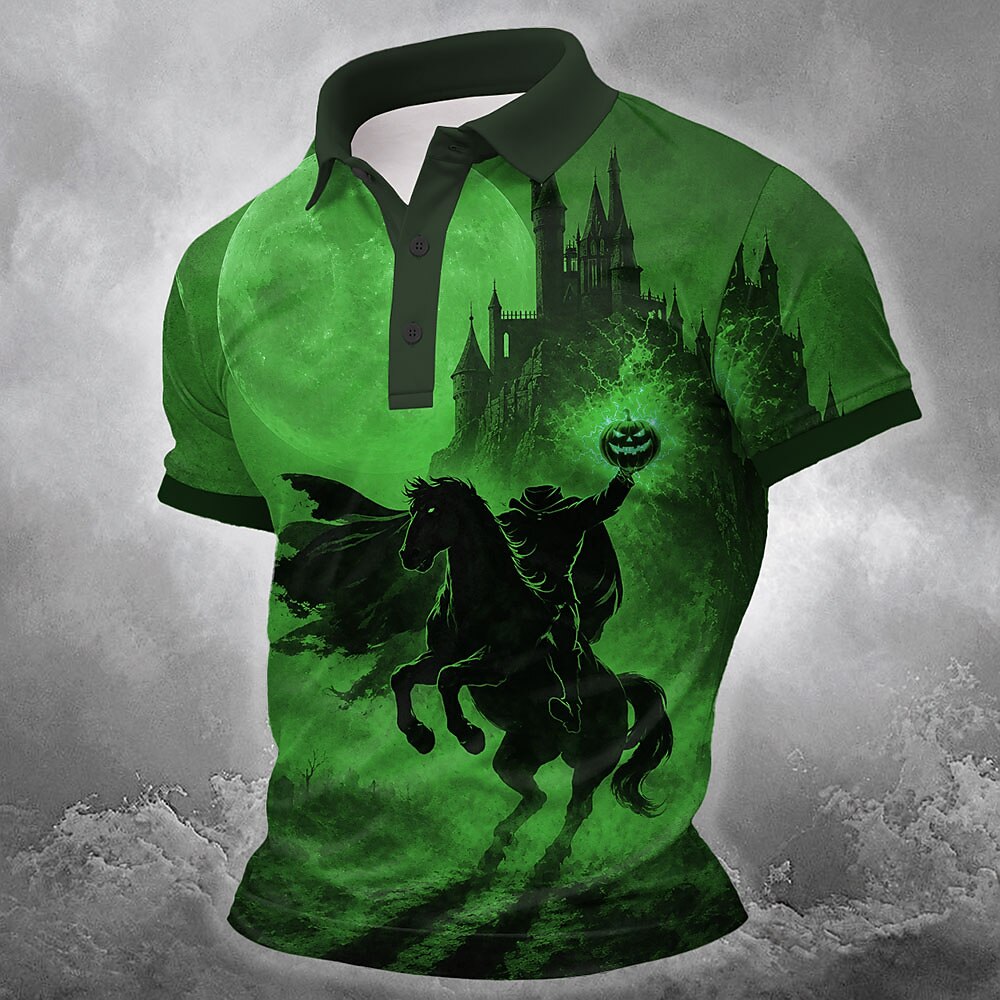 Men's Headless Horseman Print Short Sleeve Gothic Polo Shirt