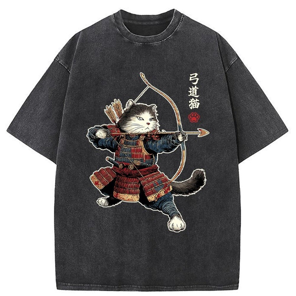Japanese Style Samurai Cat Kyudo Washed T-Shirt