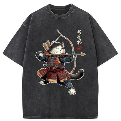 Japanese Style Samurai Cat Kyudo Washed T-Shirt