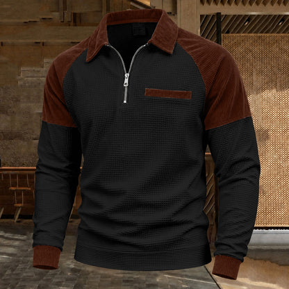 Contrast Shoulder Zip-Neck Waffle Polo