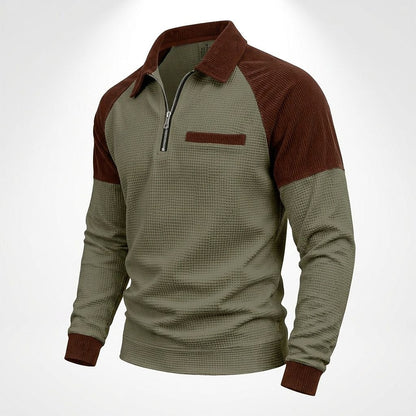 Contrast Shoulder Zip-Neck Waffle Polo