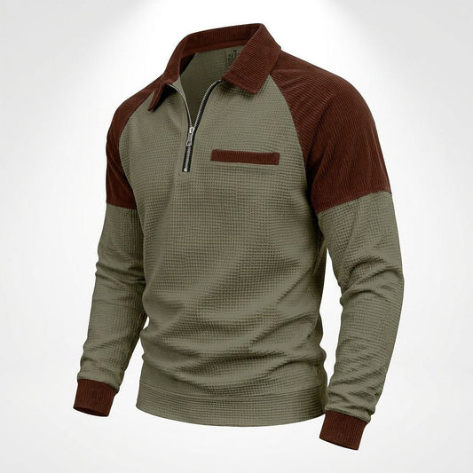Contrast Shoulder Zip-Neck Waffle Polo