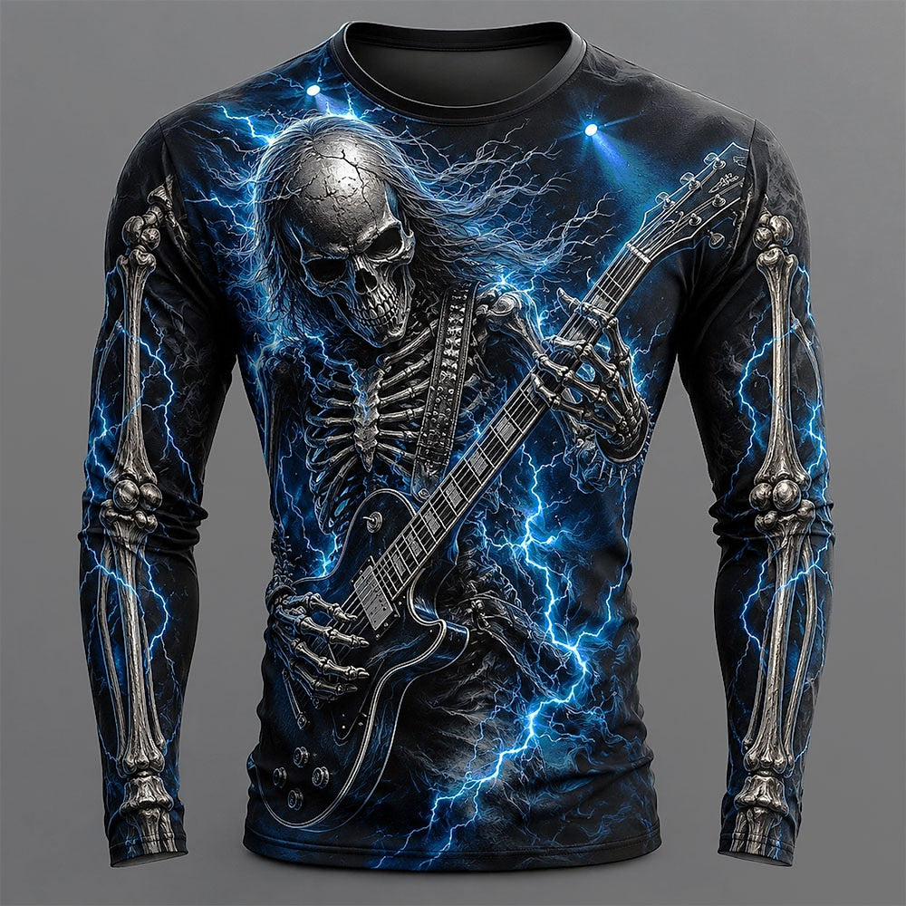 Halloween Men's Electric Skeleton Guitar Graphic Long Sleeve T-Shirt