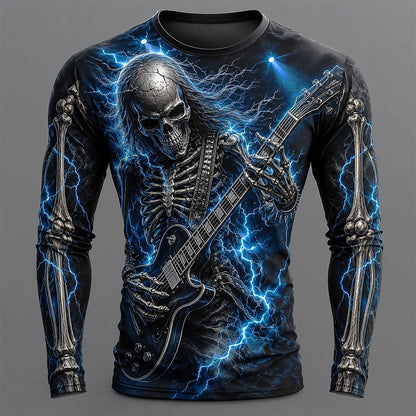 Halloween Men's Electric Skeleton Guitar Graphic Long Sleeve T-Shirt