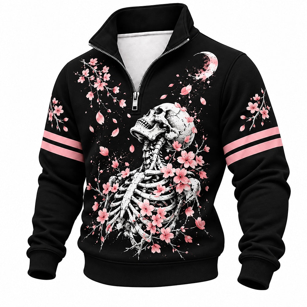 Cherry Blossom Skeleton Half-Zip Sweatshirt