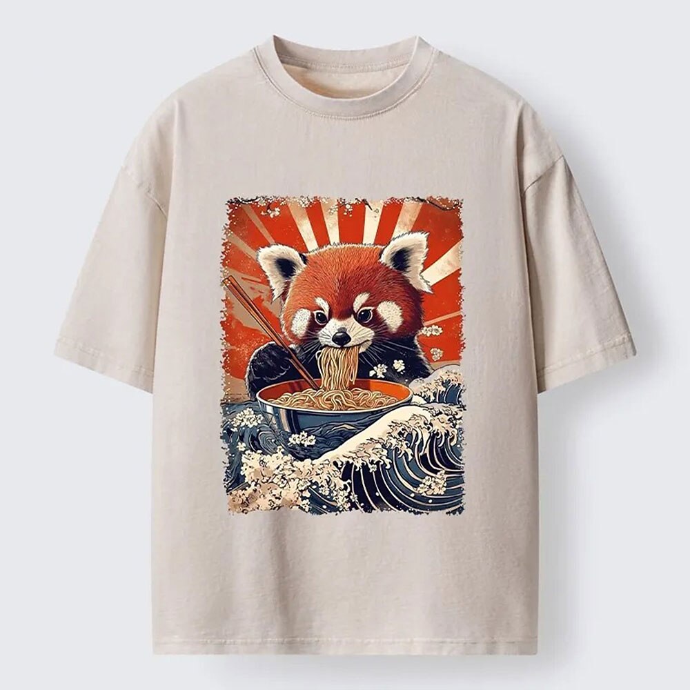 Men's Red Panda Noodles & Great Wave Washed Cotton T-Shirt
