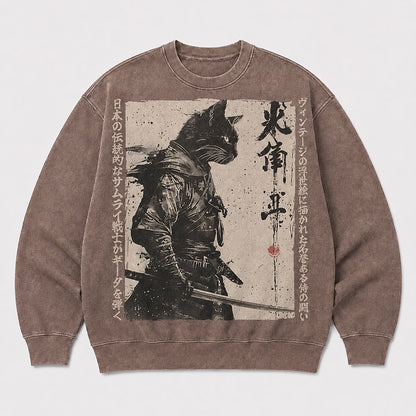 Men's Vintage Japanese Cat Graphic Washed Crew Neck Sweatshirt