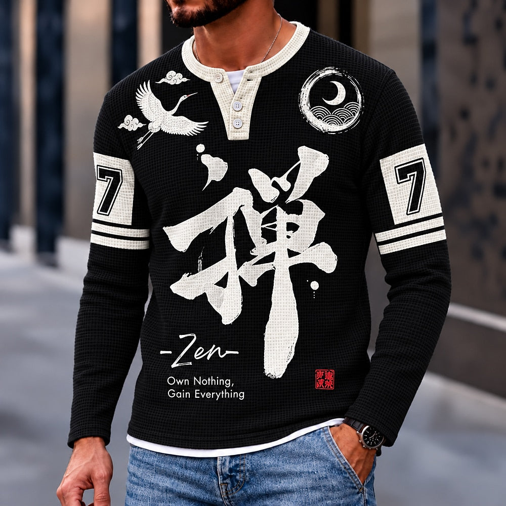 Zen Crane Moon 7 Henley Long Sleeve T-Shirt