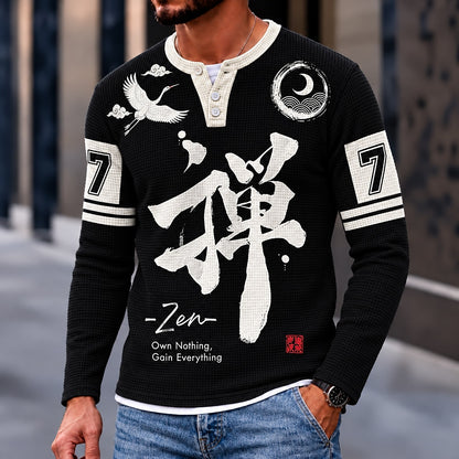 Zen Crane Moon 7 Henley Long Sleeve T-Shirt