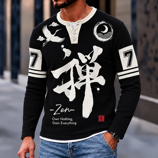Zen Crane Moon 7 Henley Long Sleeve T-Shirt
