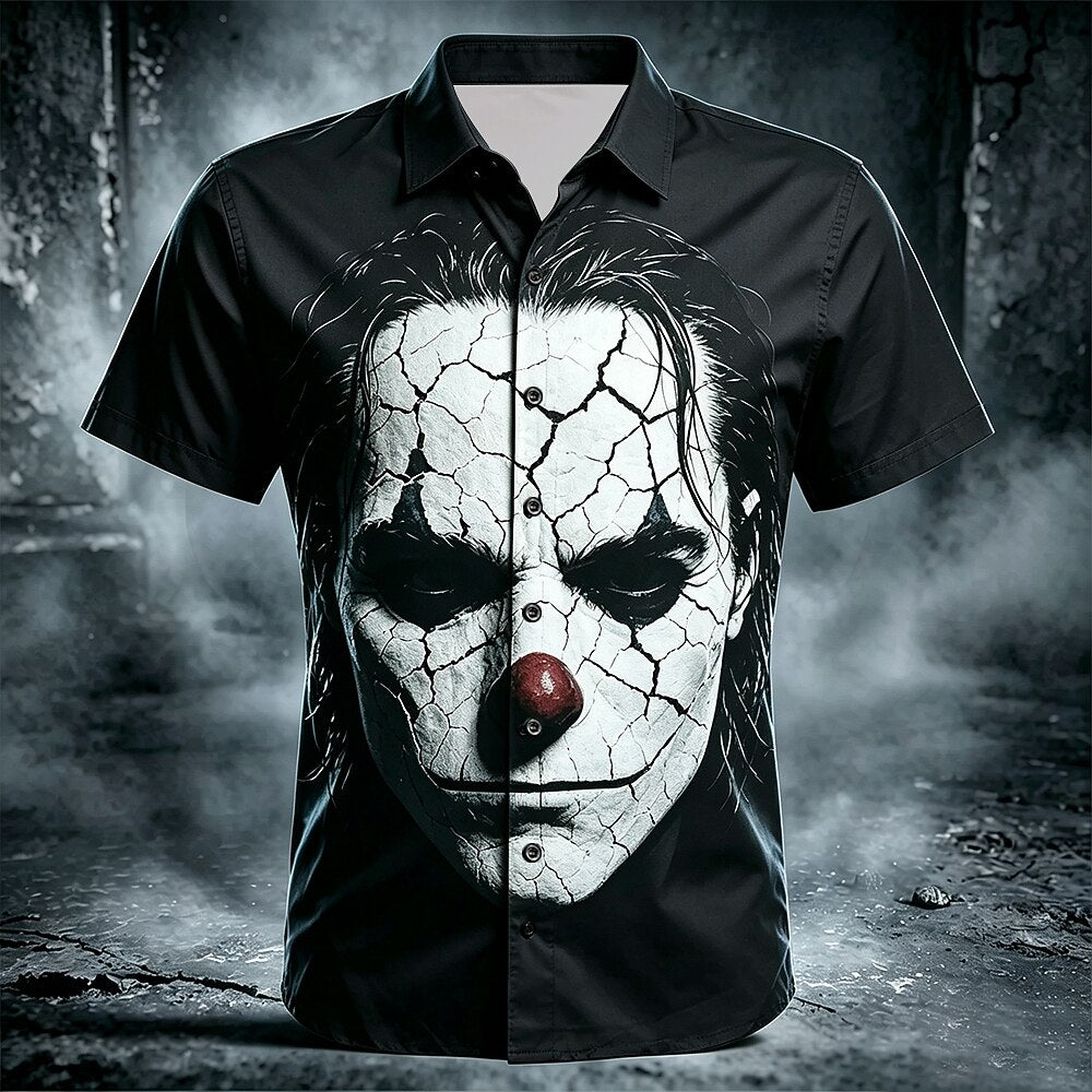 Men's Bandaged Clown Print Short Sleeve Horror Button-Down Shirt