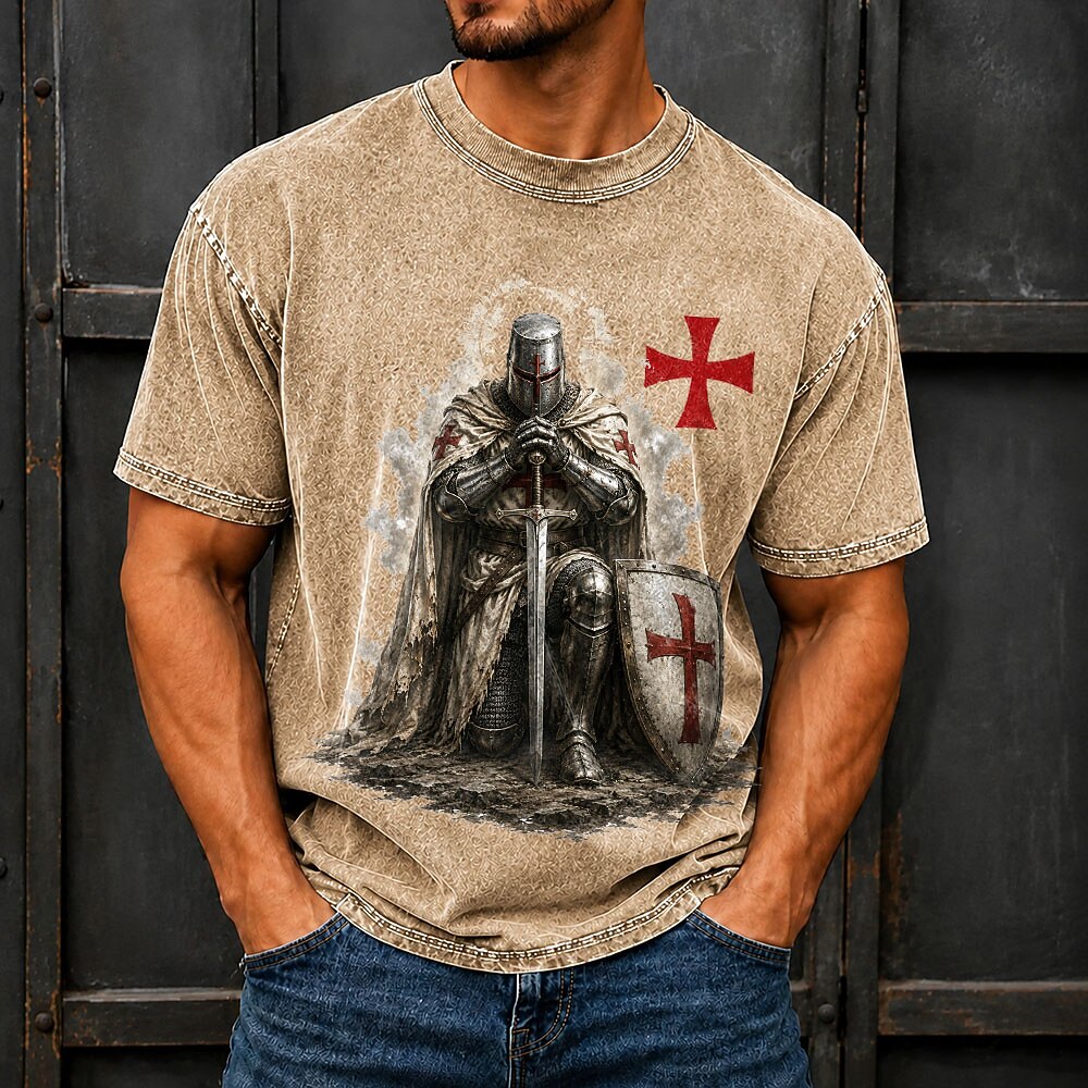 Men's Knights Templar Crusader Print Short Sleeve Vintage T-Shirt