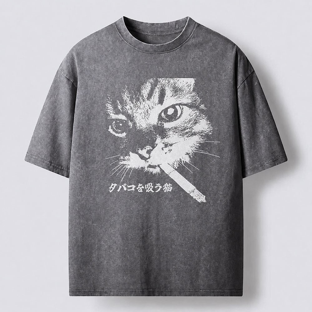 Men's Smoking Cat Graphic Washed Cotton T-Shirt