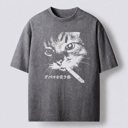 Men's Smoking Cat Graphic Washed Cotton T-Shirt