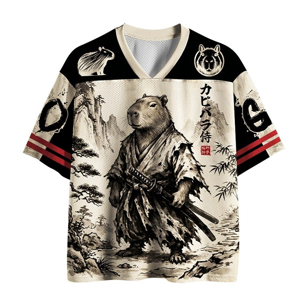 Men's Black & White Graphic V-Neck Sports Jersey
