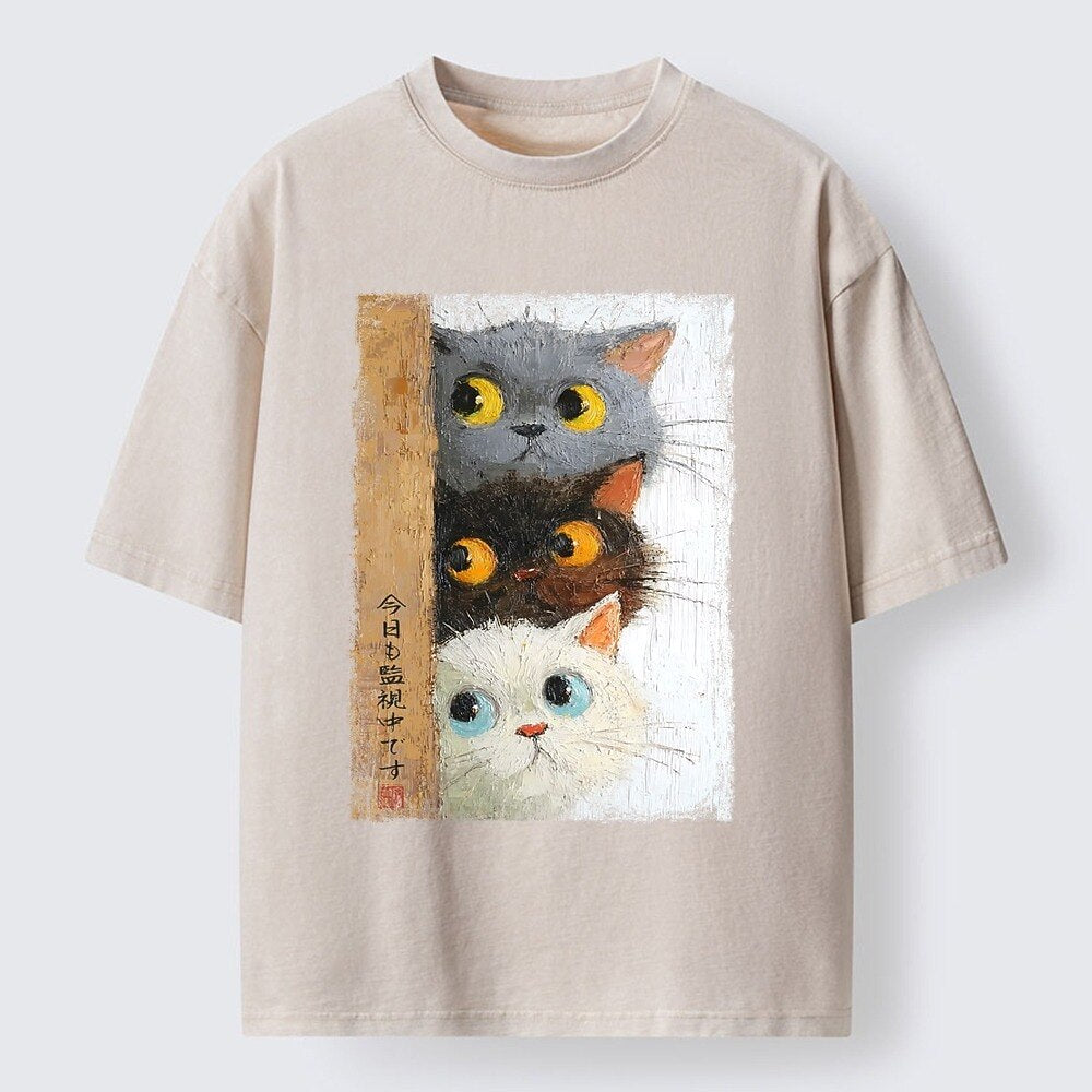 Japanese Style Stacked Cats Washed T-Shirt