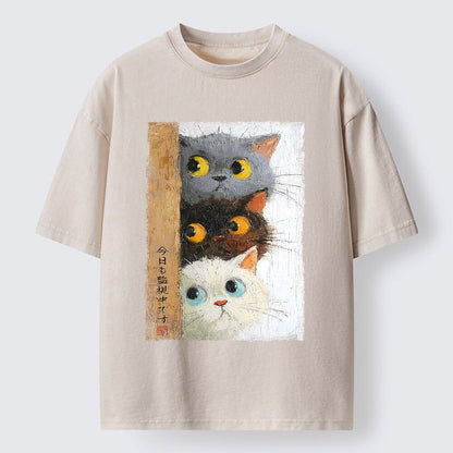 Japanese Style Stacked Cats Washed T-Shirt