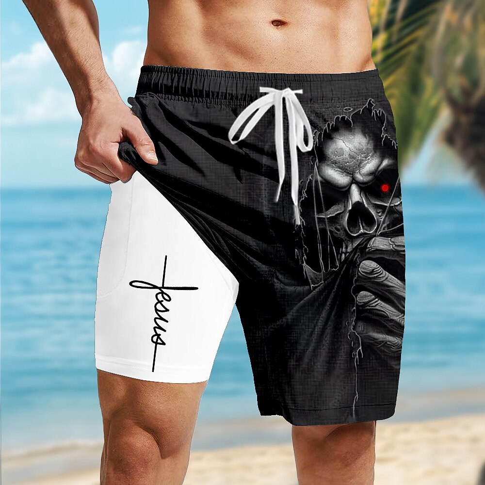 Men's Faith Cross Print Mid-Length Vintage Lined Board Shorts