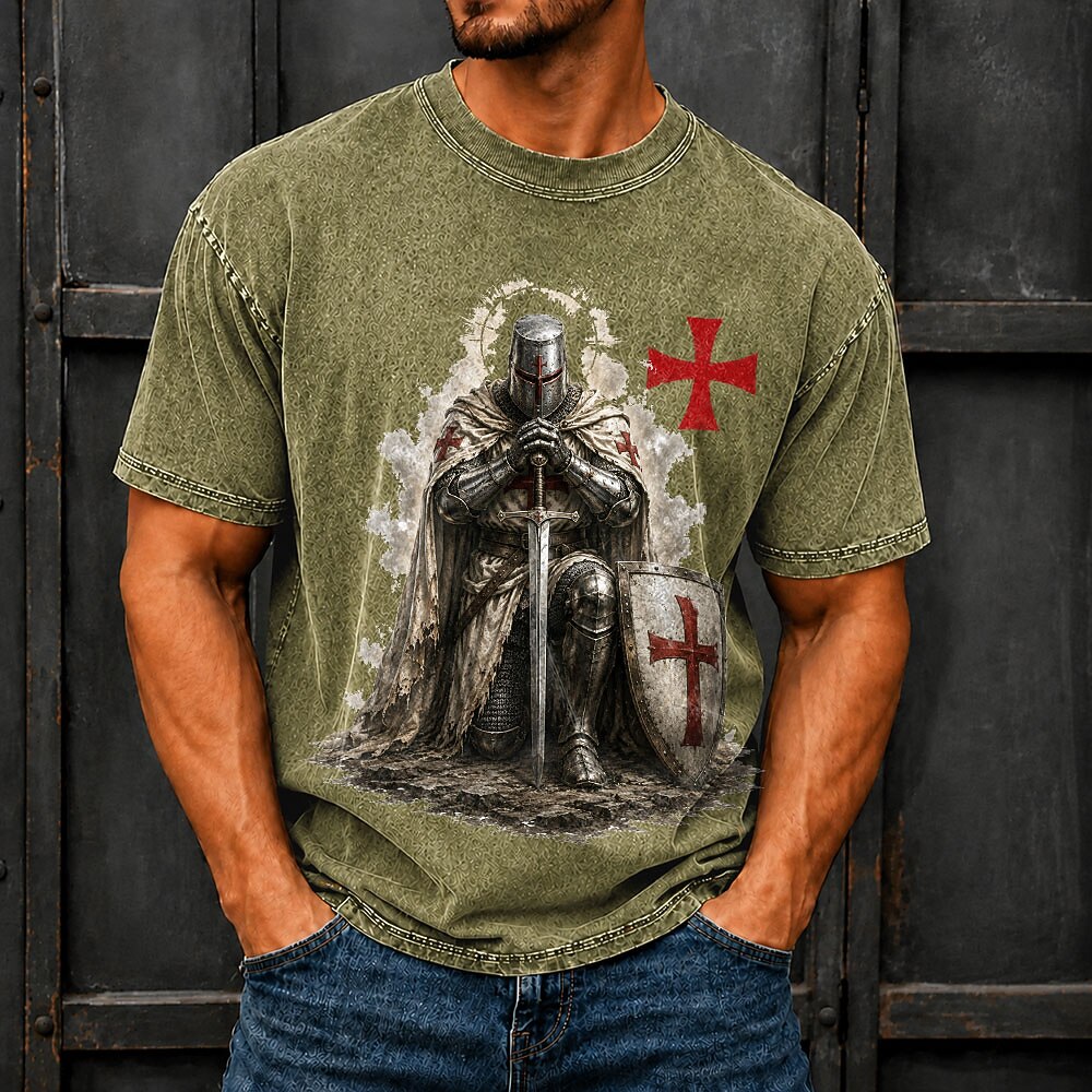 Men's Knights Templar Crusader Print Short Sleeve Vintage T-Shirt