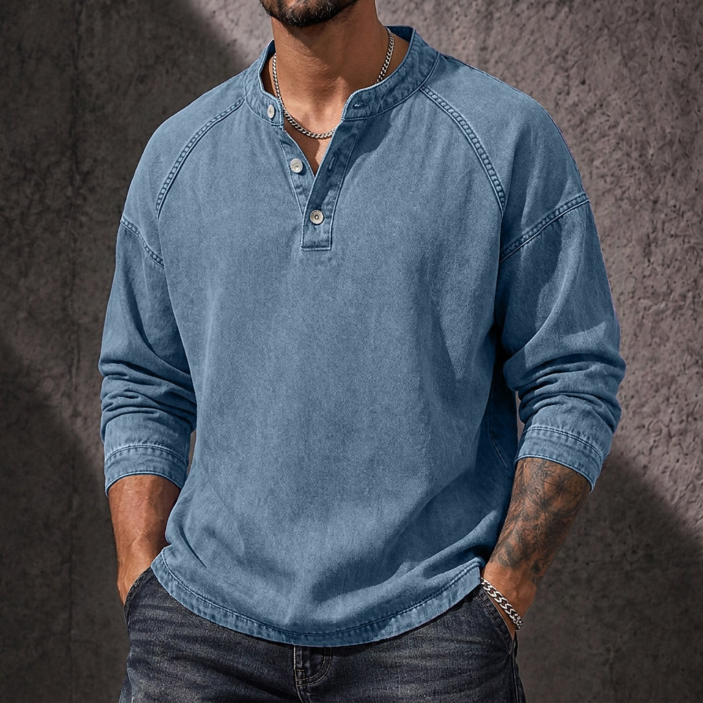 Vintage Washed Button-Neck Henley Long Sleeve T-Shirt