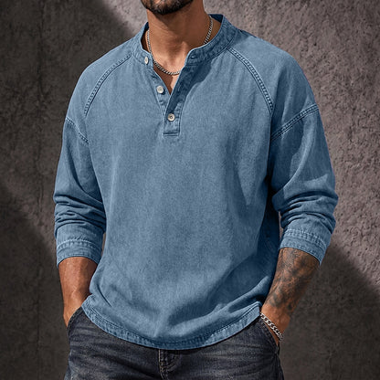 Vintage Washed Button-Neck Henley Long Sleeve T-Shirt
