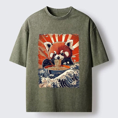 Men's Red Panda Noodles & Great Wave Washed Cotton T-Shirt