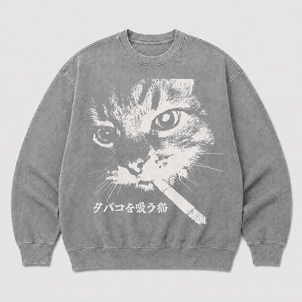 Men's Black Cat Graphic Washed Crew Neck Sweatshirt