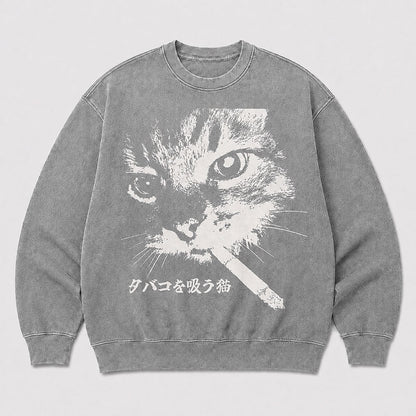 Men's Black Cat Graphic Washed Crew Neck Sweatshirt