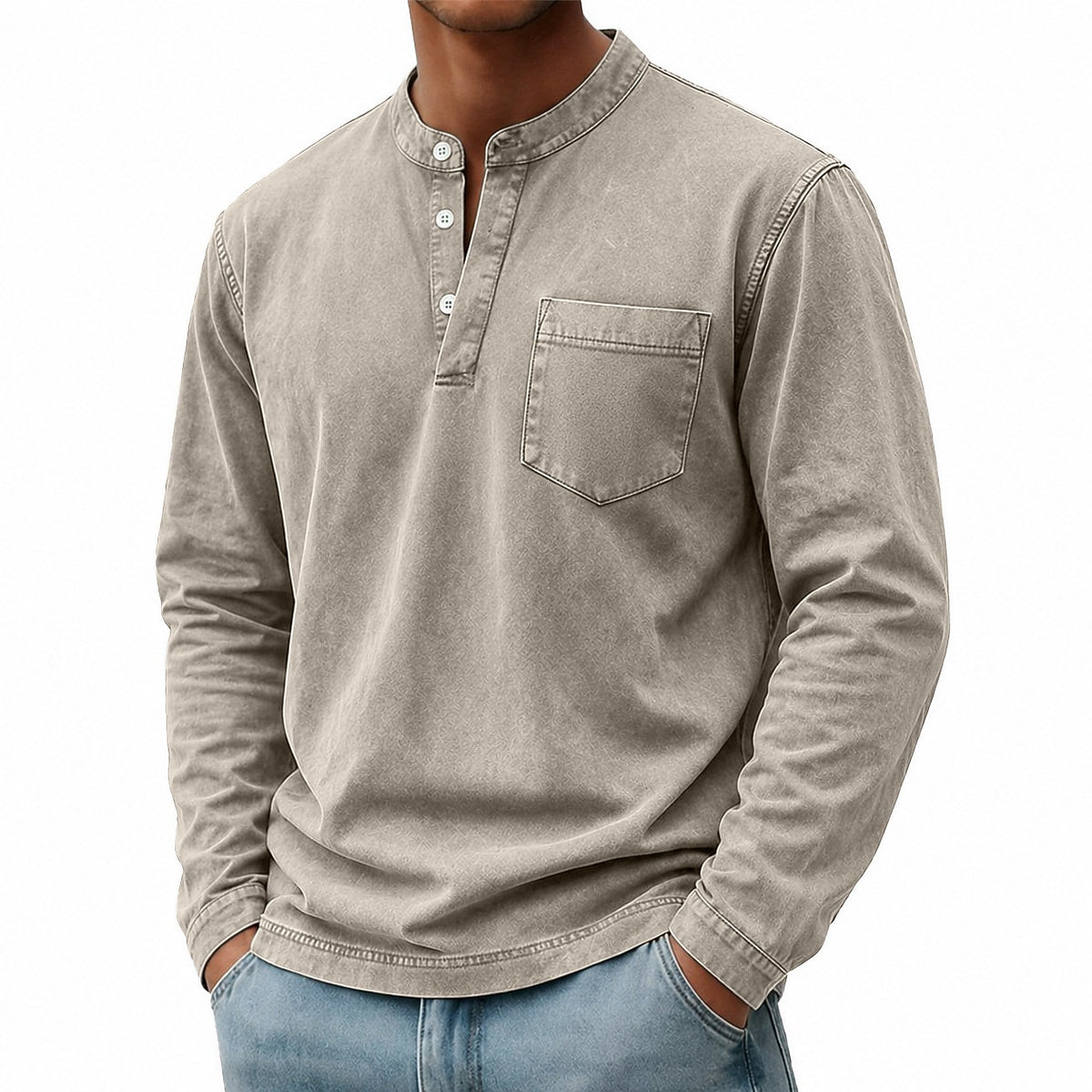 Washed Pocket Henley Long Sleeve T-Shirt