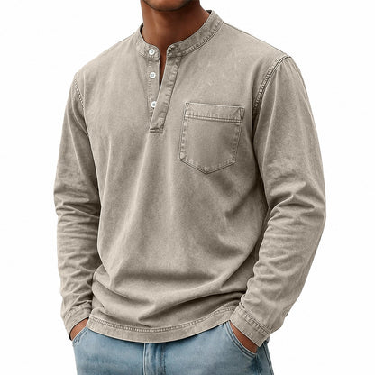 Washed Pocket Henley Long Sleeve T-Shirt