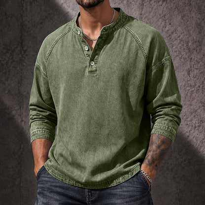 Vintage Washed Button-Neck Henley Long Sleeve T-Shirt