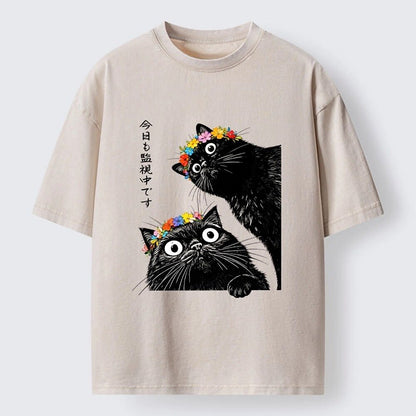 Japanese Style Black Cats Flower Crown Washed T-Shirt
