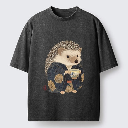 Japanese Style Hedgehog Tea Cup Washed T-Shirt