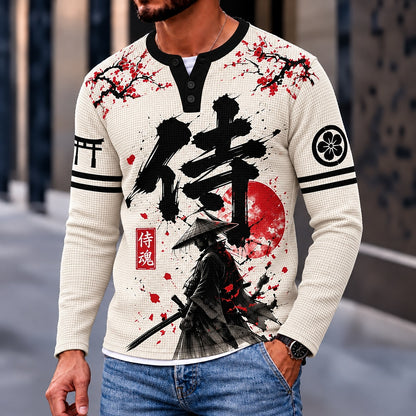 Samurai Soul Cherry Blossom Henley Long Sleeve T-Shirt