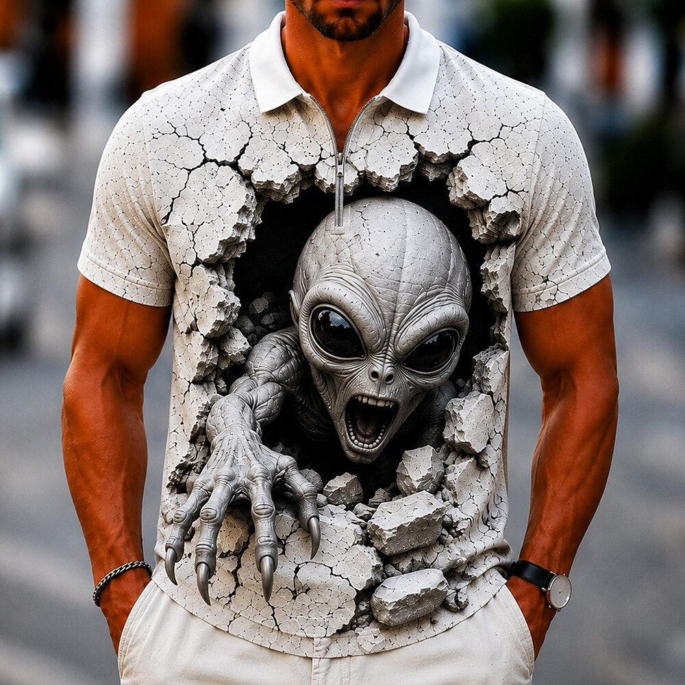 Men's Alien Monster Print Short Sleeve Sporty Zip Polo