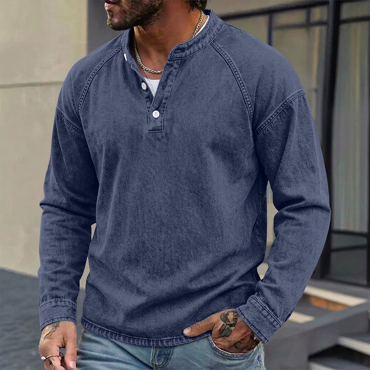 Washed Henley Long Sleeve T-Shirt