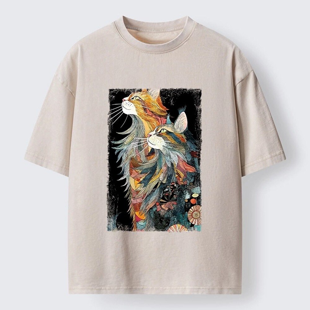 Japanese Style Abstract Two Cats Washed T-Shirt