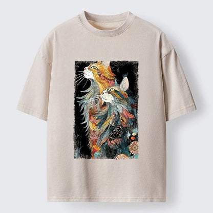 Japanese Style Abstract Two Cats Washed T-Shirt