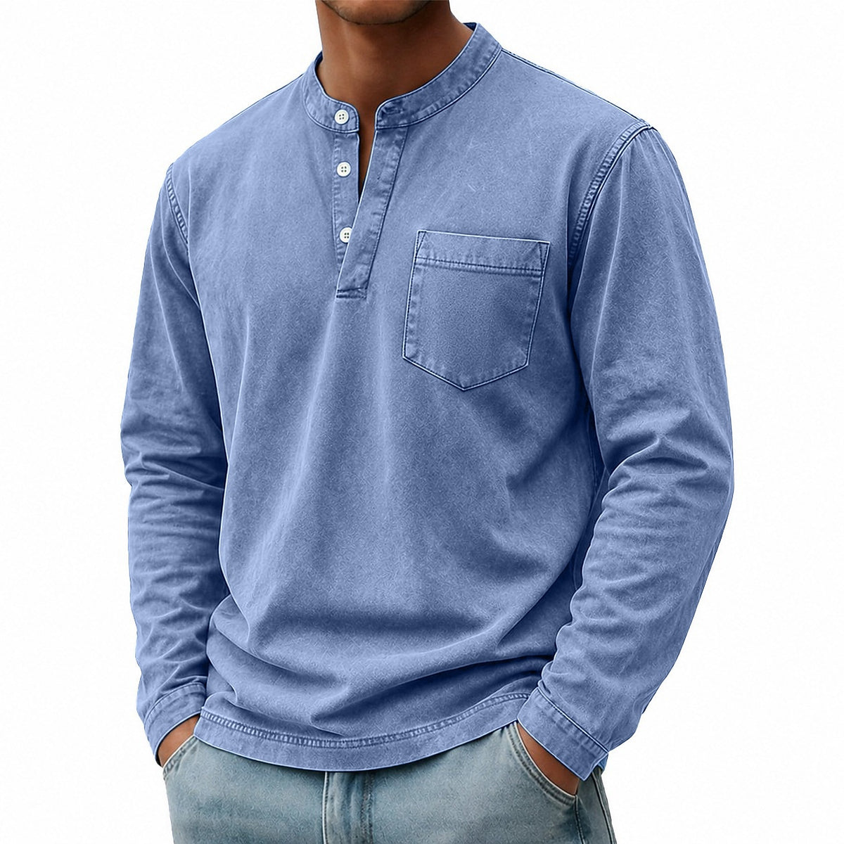 Washed Pocket Henley Long Sleeve T-Shirt