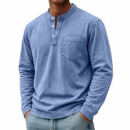 Washed Pocket Henley Long Sleeve T-Shirt