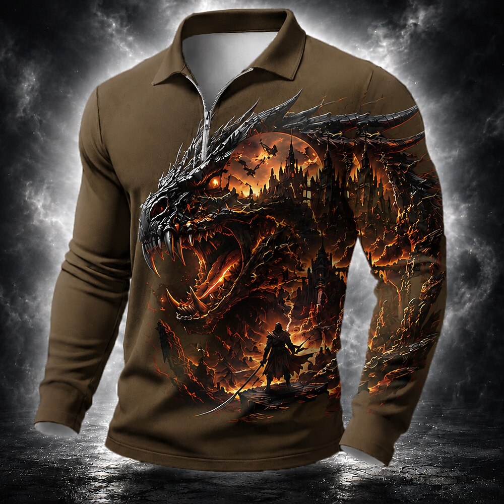 Halloween Men's Pumpkin Dragon Graphic Zip Polo