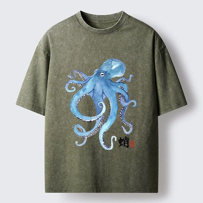Japanese Style Blue Octopus Washed T-Shirt